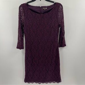 Dana Buchman Wine Colored Lace Lined Long Sleeve Mini Zip Back Scoop Neck Dress
